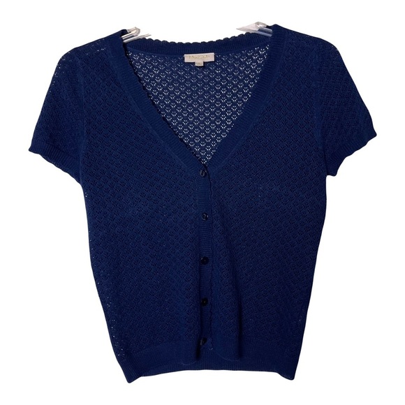 ModCloth | Navy Blue Open Knit Short Sleeve Button Up Cardigan, Small - Picture 1 of 7